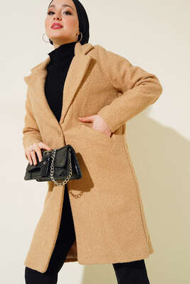 Önü Düğmeli Cepli Kaban Latte - Thumbnail