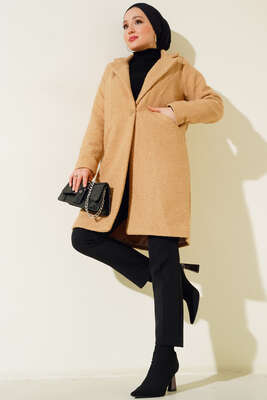 Önü Düğmeli Cepli Kaban Latte - Thumbnail
