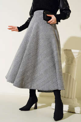 Çizgi Desen Kaşe Etek Siyah Çizgili - Thumbnail