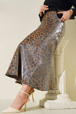 Leopar Saten Etek Siyah Camel - Thumbnail