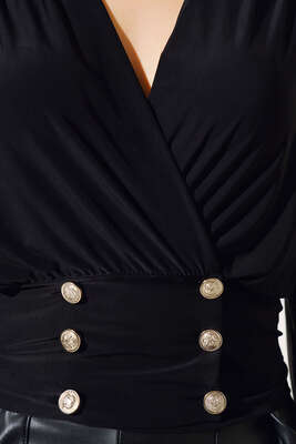 Kruvaze Yaka Düğmeli Bluz Siyah - Thumbnail