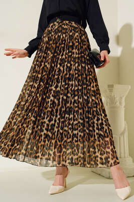 Leopar Desenli Piliseli Şifon Etek Camel - Thumbnail