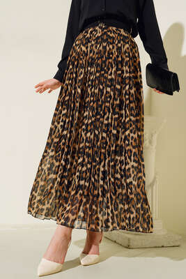 Leopar Desenli Piliseli Şifon Etek Camel - Thumbnail