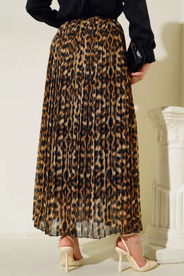 Leopar Desenli Piliseli Şifon Etek Camel - Thumbnail