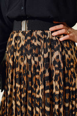 Leopar Desenli Piliseli Şifon Etek Camel - Thumbnail