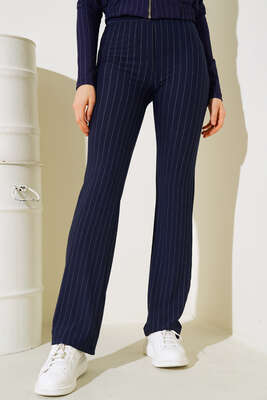 İnce Çizgili İspanyol Paça Pantolon Lacivert - Thumbnail