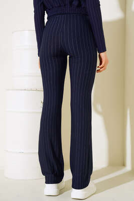 İnce Çizgili İspanyol Paça Pantolon Lacivert - Thumbnail