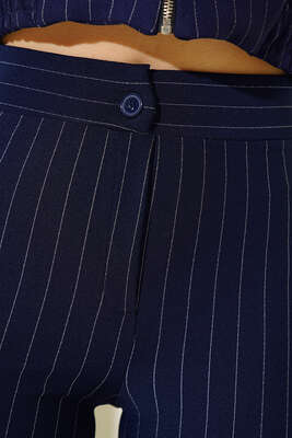 İnce Çizgili İspanyol Paça Pantolon Lacivert - Thumbnail