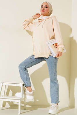 Garnili Kapüşonlu Tunik Bej - Thumbnail