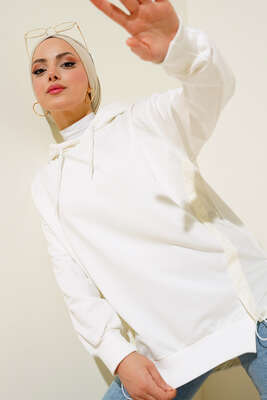Garnili Kapüşonlu Tunik Ekru - Thumbnail