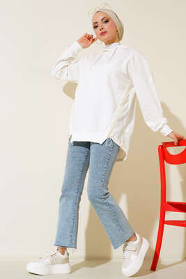 Garnili Kapüşonlu Tunik Ekru - Thumbnail