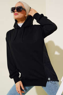 Garnili Kapüşonlu Tunik Siyah - Thumbnail