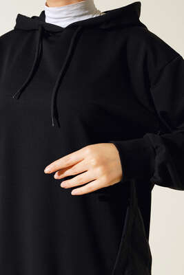 Garnili Kapüşonlu Tunik Siyah - Thumbnail