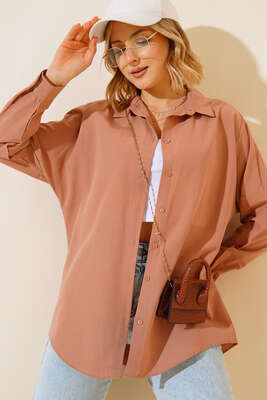 Oversize Kalıp Basic Gömlek Camel - Thumbnail