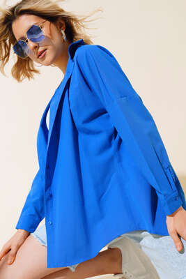 Oversize Kalıp Basic Gömlek Saks - Thumbnail