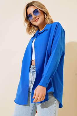 Oversize Kalıp Basic Gömlek Saks - Thumbnail