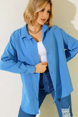 Oversize Kalıp Basic Gömlek Mavi - Thumbnail