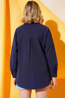 Oversize Kalıp Basic Gömlek Lacivert - Thumbnail