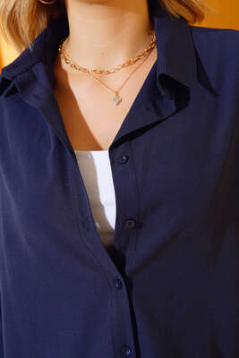 Oversize Kalıp Basic Gömlek Lacivert - Thumbnail