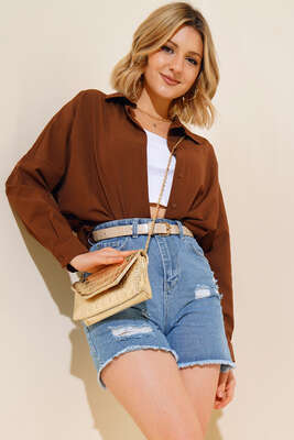 Oversize Kalıp Basic Gömlek Kahve - Thumbnail