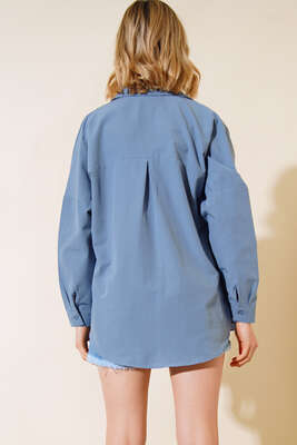 Oversize Kalıp Basic Gömlek İndigo - Thumbnail