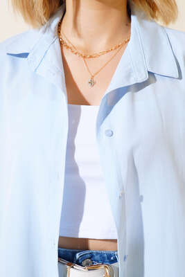 Oversize Kalıp Basic Gömlek Buz Mavisi - Thumbnail