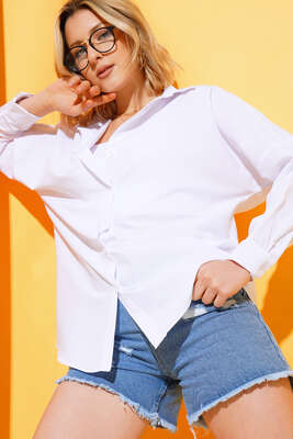 Pazarium - Oversize Kalıp Basic Gömlek Beyaz