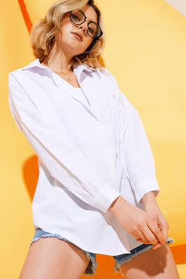 Oversize Kalıp Basic Gömlek Beyaz - Thumbnail