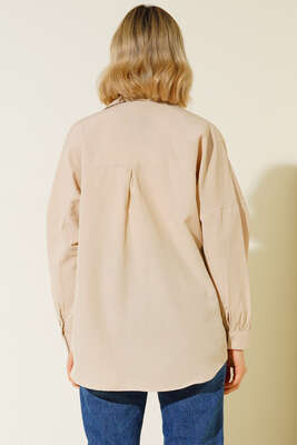 Oversize Kalıp Basic Gömlek Bej - Thumbnail