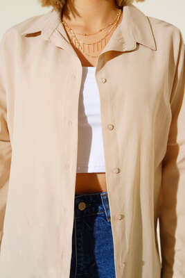 Oversize Kalıp Basic Gömlek Bej - Thumbnail