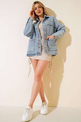 Taşlı Torba Cep Kot Ceket Kar Yıkama - Thumbnail