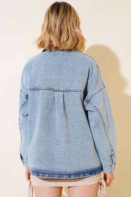 Taşlı Torba Cep Kot Ceket Kar Yıkama - Thumbnail