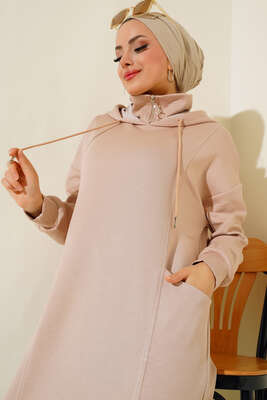 Torba Cep Kapüşonlu Elbise Bej - Thumbnail