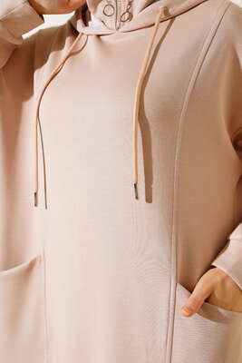 Torba Cep Kapüşonlu Elbise Bej - Thumbnail