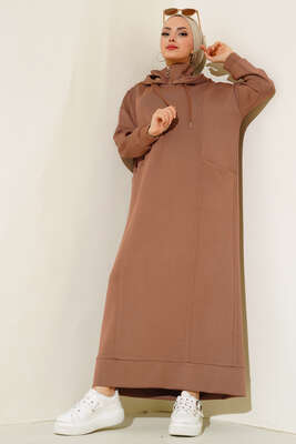 Torba Cep Kapüşonlu Elbise Camel - Thumbnail