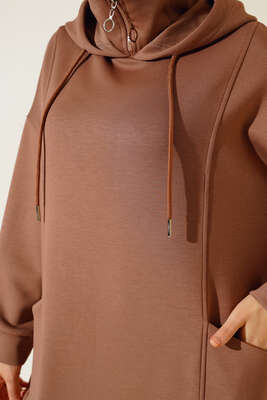 Torba Cep Kapüşonlu Elbise Camel - Thumbnail