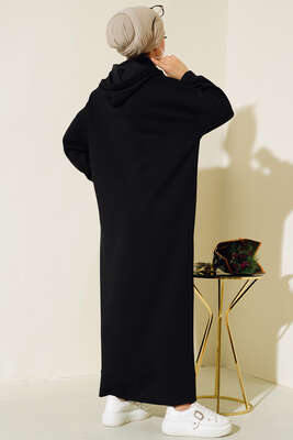 Torba Cep Kapüşonlu Elbise Siyah - Thumbnail