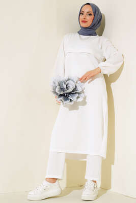 Pazarium - Yırtmaçlı Uzun İkili Takım Beyaz