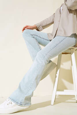 Pazarium - Yüksek Bel İspanyol Paça Pantolon Kar Açık