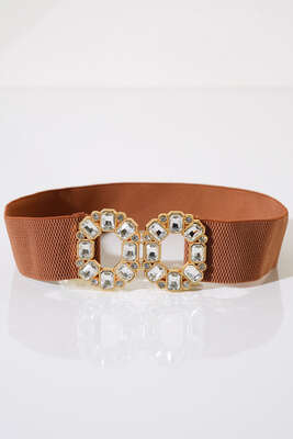 Pazarium - Parlak Taşlı Lastik Kemer Taba