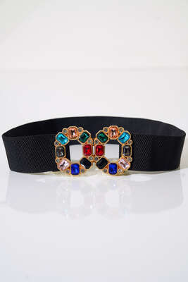 Pazarium - Parlak Taşlı Lastik Kemer Siyah