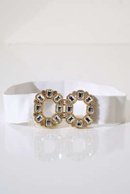 Pazarium - Parlak Taşlı Lastik Kemer Beyaz