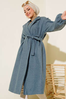 Bilekleri Lastikli Kaşe Kaban Mavi - Thumbnail