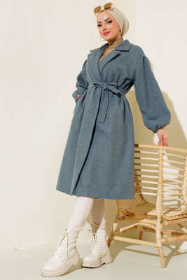 Bilekleri Lastikli Kaşe Kaban Mavi - Thumbnail