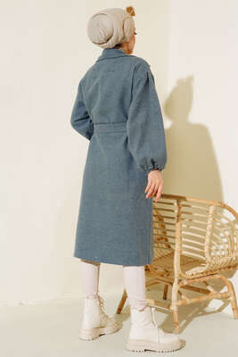 Bilekleri Lastikli Kaşe Kaban Mavi - Thumbnail