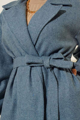 Bilekleri Lastikli Kaşe Kaban Mavi - Thumbnail