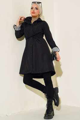 Bel Lastikli Uzun Trenç Siyah - Thumbnail