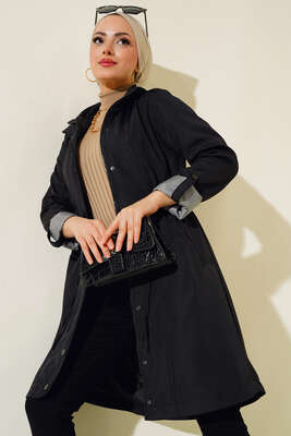 Bel Lastikli Uzun Trenç Siyah - Thumbnail