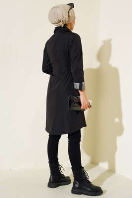 Bel Lastikli Uzun Trenç Siyah - Thumbnail