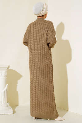 Saç Örgülü Triko Elbise Vizon - Thumbnail